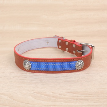 HN24-YDPC504-2 PU leather dog collar in brown  with lion head shaped rivet and webbing decoration (2)