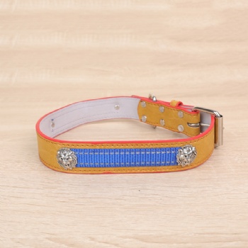 HN24-YDPC504-4 PU leather dog collar in yellow with lion head shaped rivet and webbing decoration (2)