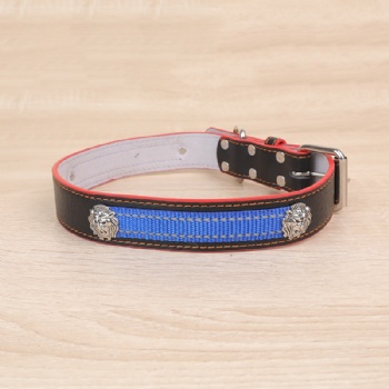 HN24-YDPC504-7 PU leather dog collar in black with lion head shaped rivet and webbing decoration (2)