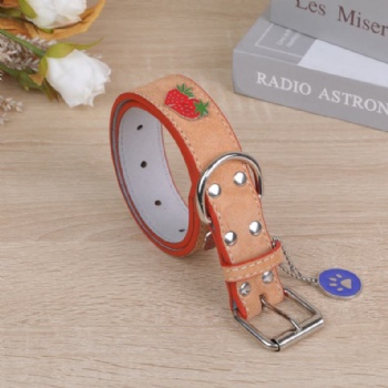 HN24-YDPC302-2 suede leather dog collar with strawberry stud and metal tag deco