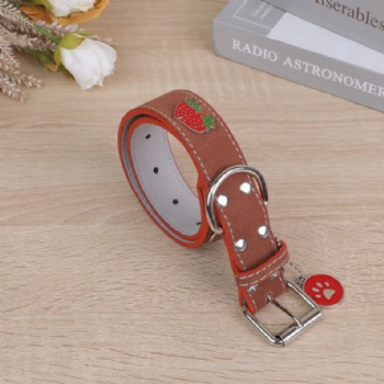 HN24-YDPC302-3 suede leather dog collar with strawberry stud and metal tag deco