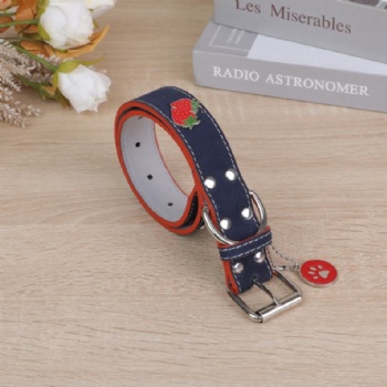 HN24-YDPC302-6 suede leather dog collar with strawberry stud and metal tag deco